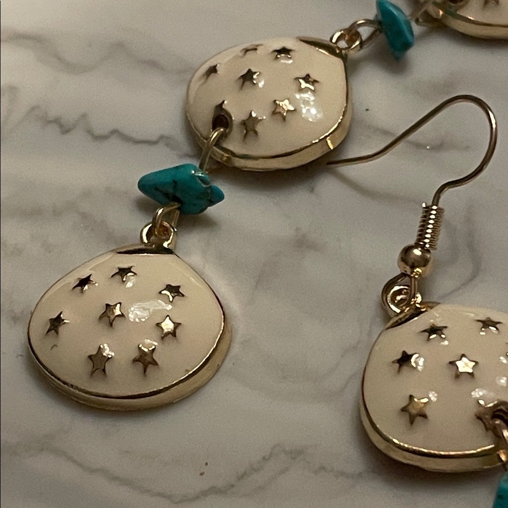 Elegant Gold and White Star Shell And Turquoise Stone Dangle Earrings - Picture 10 of 11